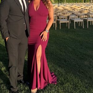 Dress the Population Burgundy Halter Gown with Thigh Slit